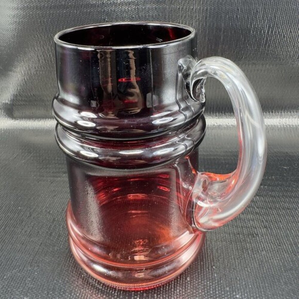 TARNOWIEC Poland Large Ruby Red Glass Beer Stein Jug With Clear‎ Handle Vase VTG